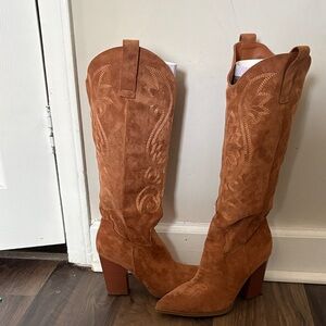 Women's Tan Suede Western Knee-High Boots